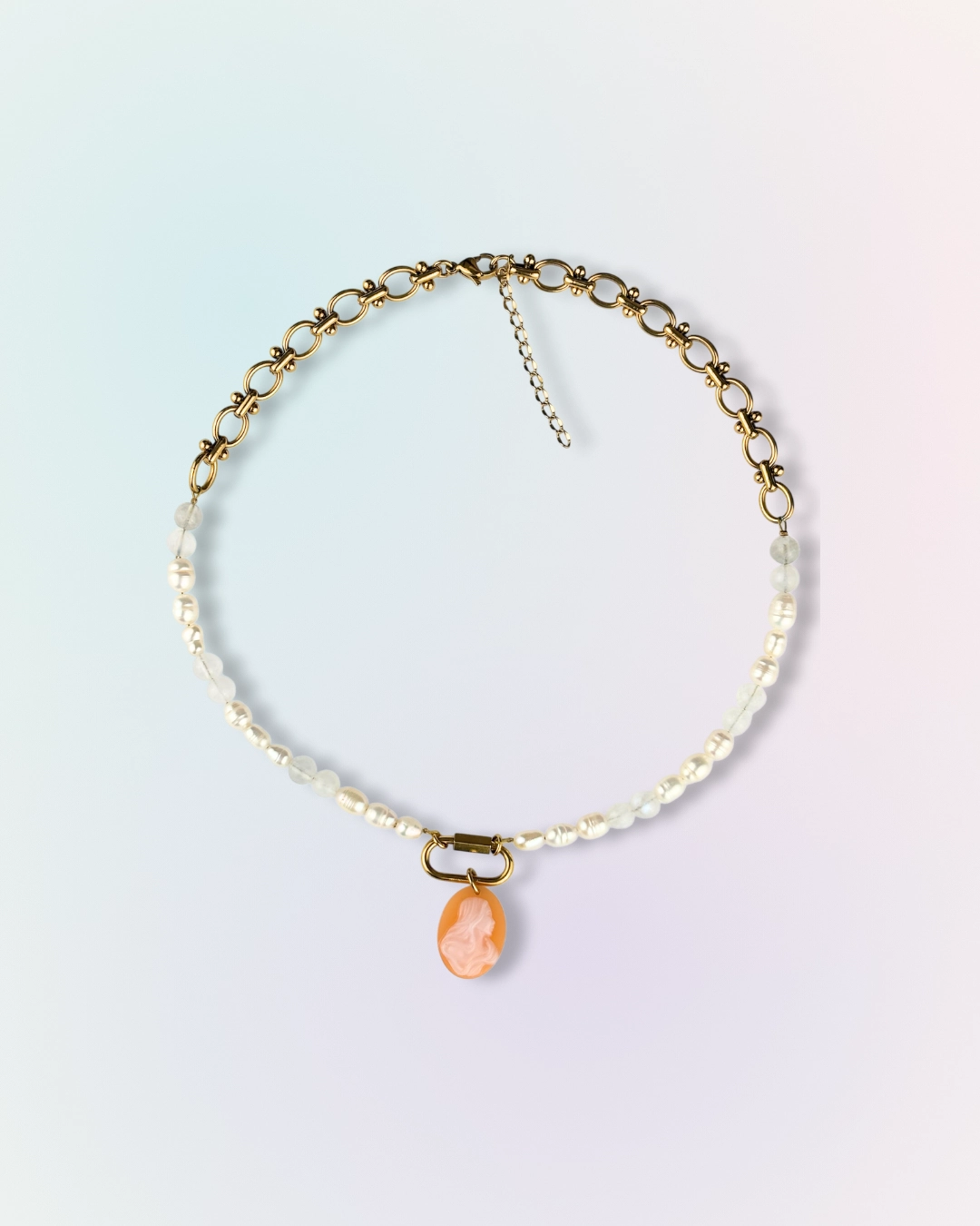 Collier en acier inoxydable, perles d'eau douces et pierre de lune
