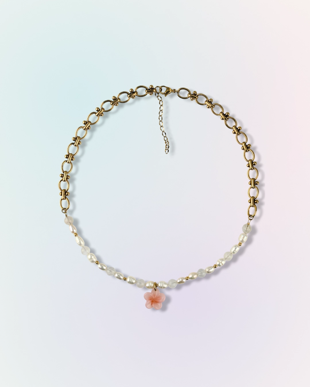 Collier charm fleur de cerisier, acier inoxydable, pierres de lune et perles d'eau douce