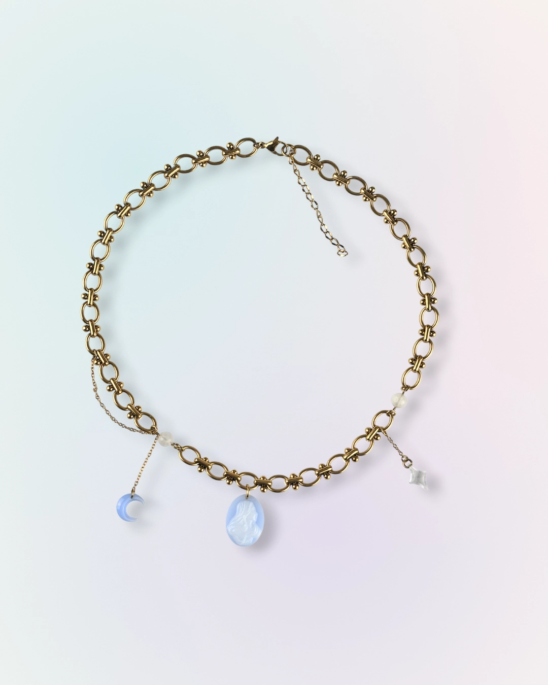 Collier acier inoxydable, charms camée bleu, croissant de lune