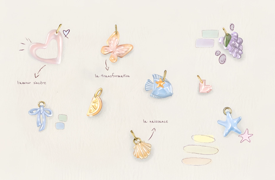 Croquis des charms colorés avec leur symbolique