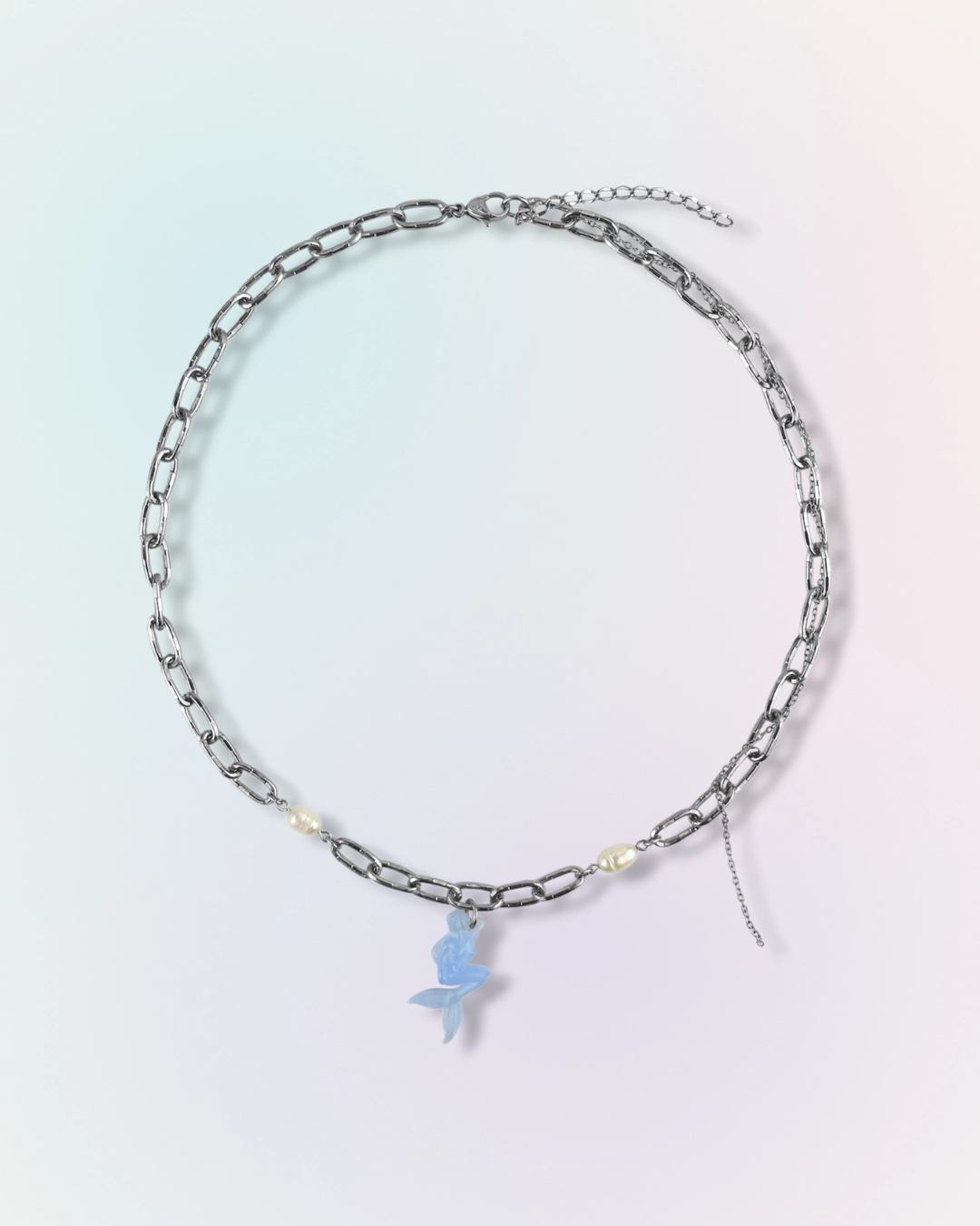 Collier Bain de Minuit en chaîne argentée avec perles et charm sirène bleu, collection Mermaid Odyssée Bijoux
