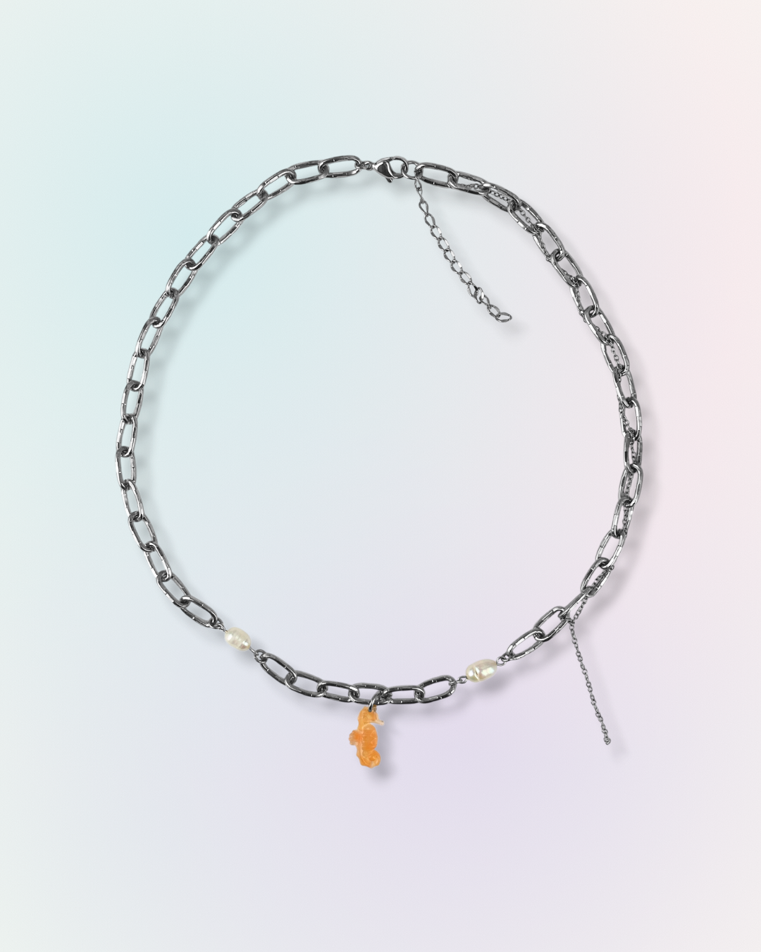 Collier Sunrise en chaîne argentée avec perles et charm hippocampe orange, collection Mermaid Odyssée Bijoux