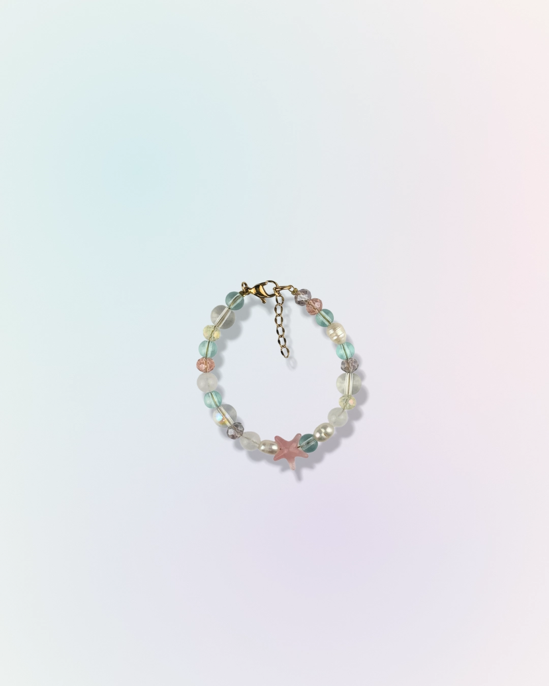 Bracelet Starfall en perles et pierres naturelles multicolores pastel avec charm étoile de mer rose, collection Mermaid Odyssée Bijoux