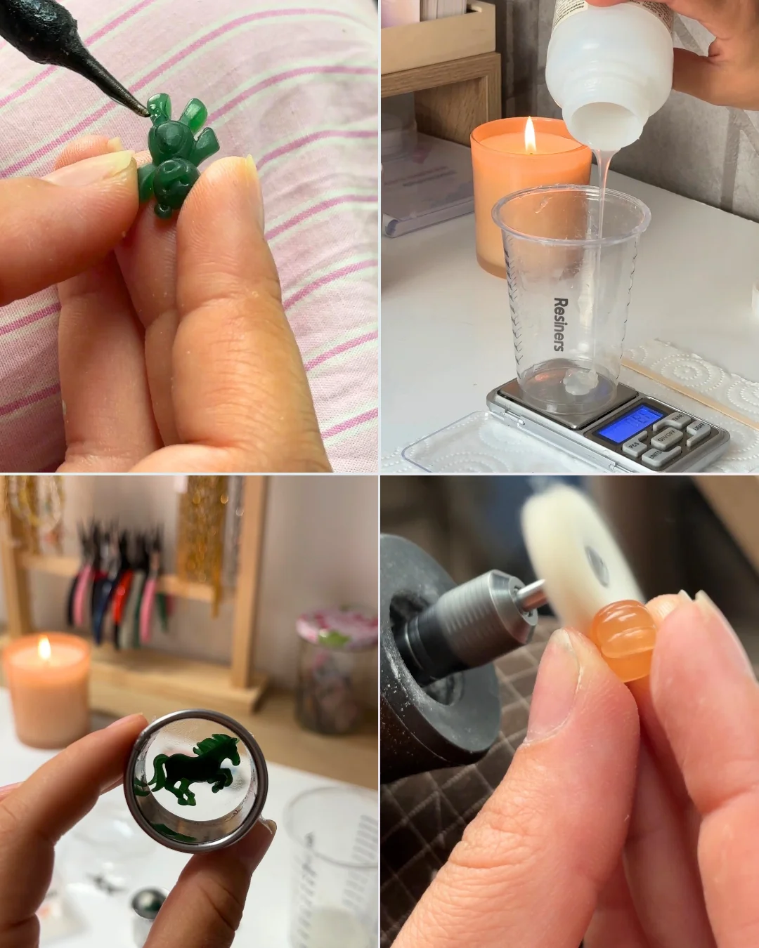 Étapes de création des charms à l'atelier Odyssée Bijoux : sculpture d'un petit modèle vert, résine versée dans un gobelet sur une balance, moule en forme de cheval, polissage d'un charm orange